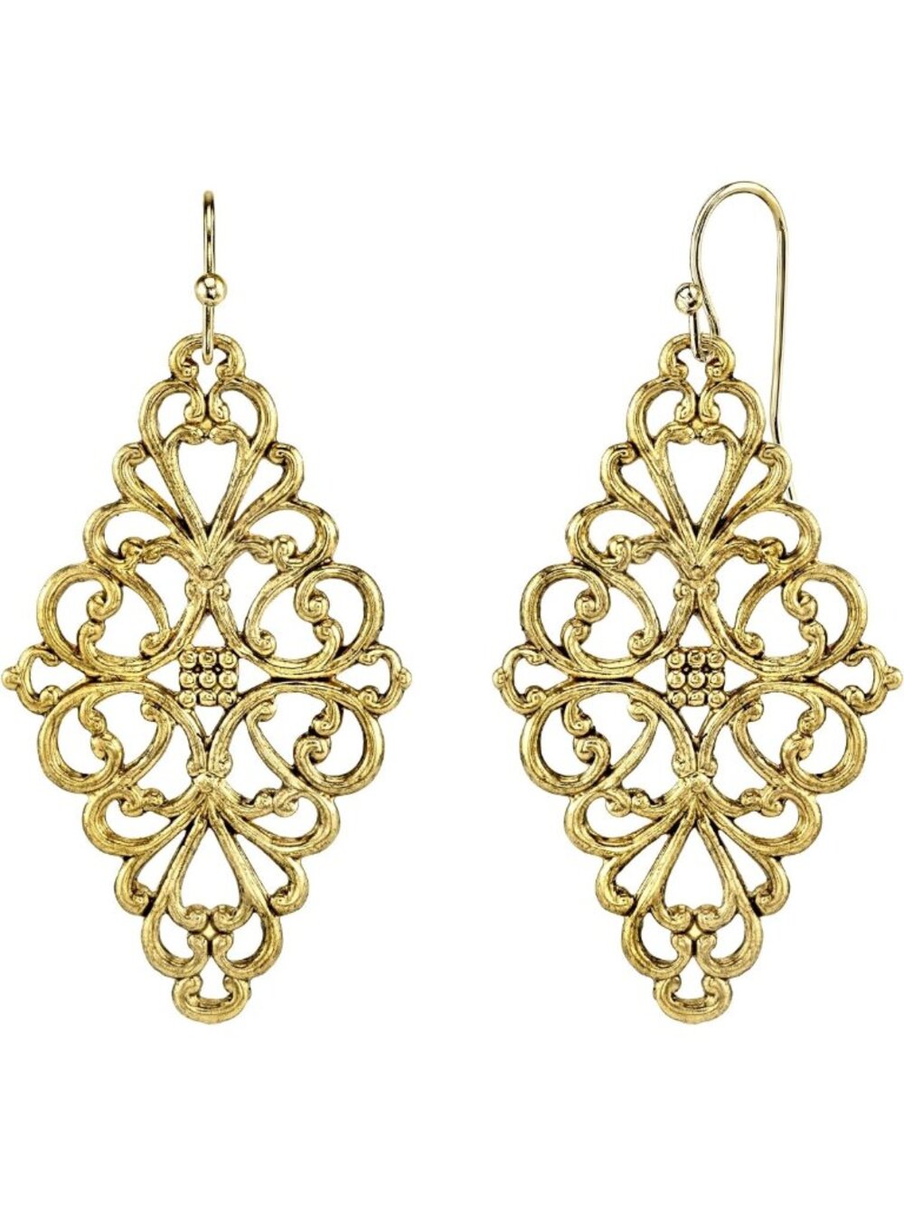 Vintage Filigree Drop Clip-On Earrings, Diamond Symmetrical Design, Non-Piercing